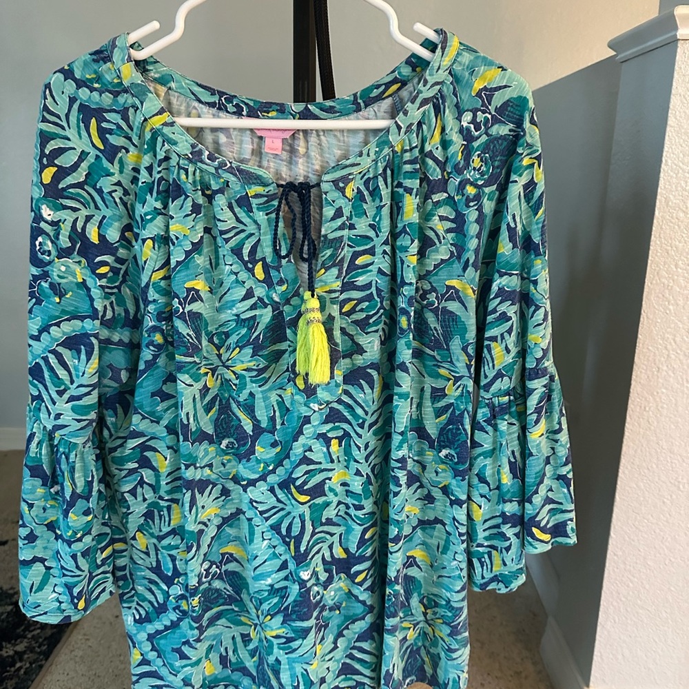 Lilly Pulitzer Turquoise Blue Floral Tassel Tunic